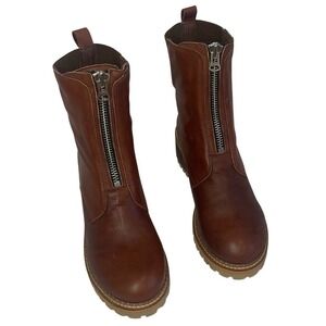 HEE Women's Brown Zip Front Leather Chunky Heel Ankle Boot Size 42 NEW